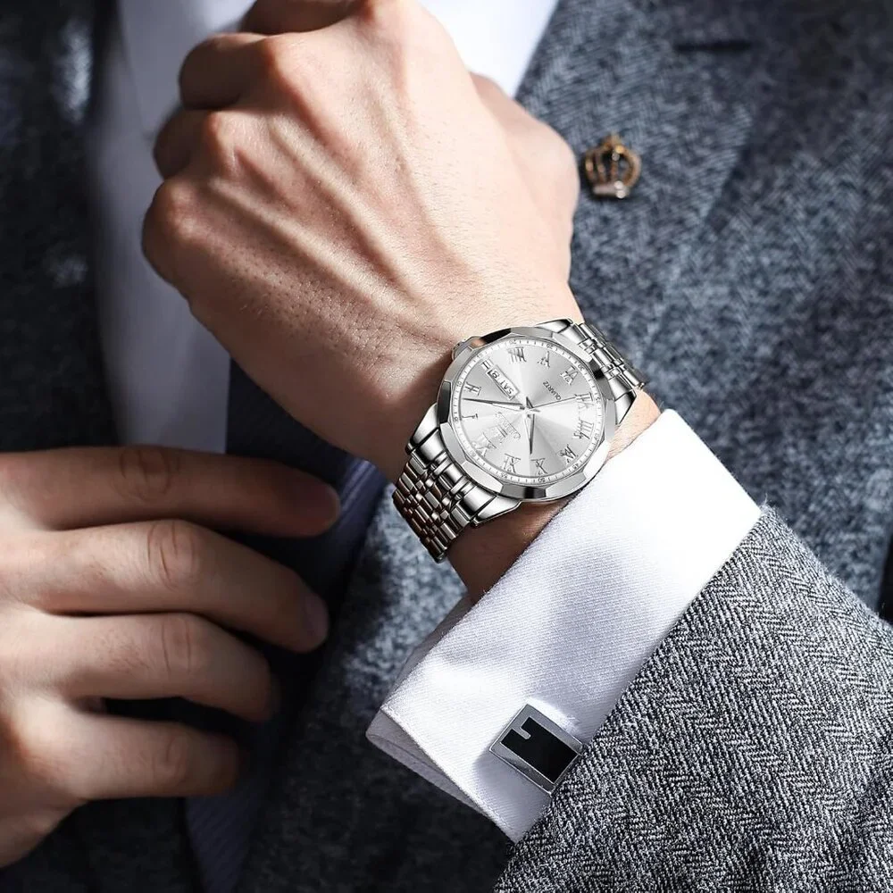 Olevs Men's Silver Steel Stain Waterproof Stainless Luminous Stylish Wrist Watch